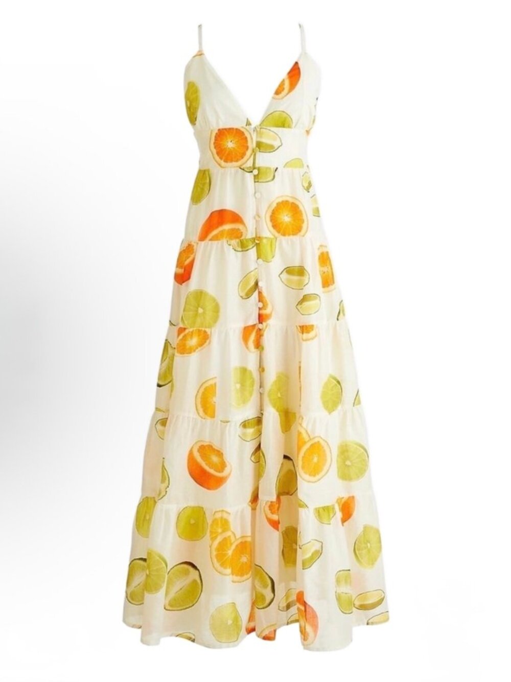 J.Crew Edie Parker Button-front Tiered Maxi Lemons Oranges Citrus Dress Size XS